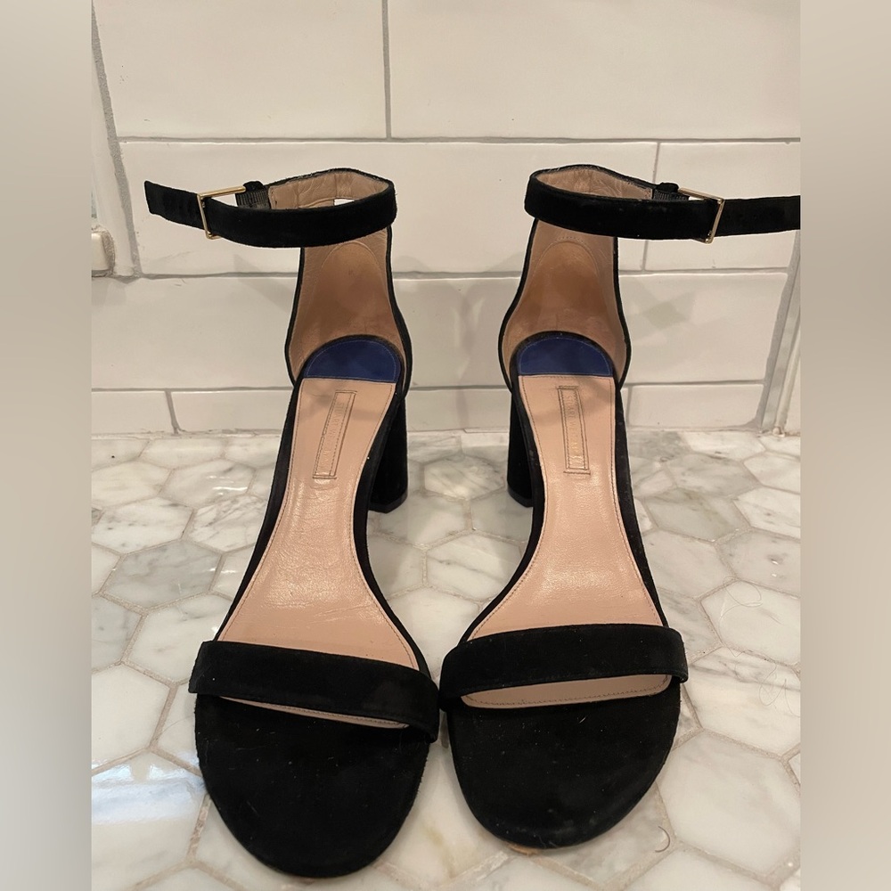Stuart Weitzman Elegant Black Suede Ankle Strap 3 inch Heels